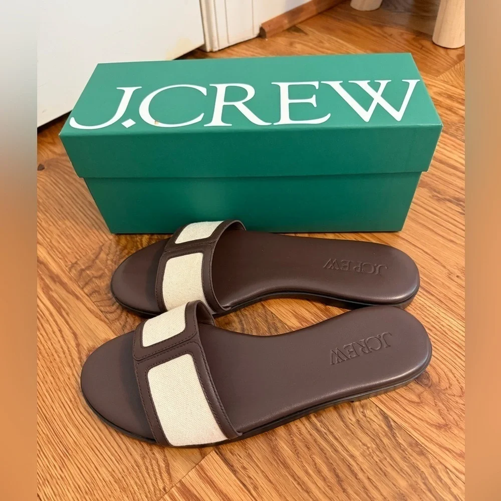 NIB J.Crew Georgina Sandals in Canvas and Leather Strap Slide Sandals size 8
